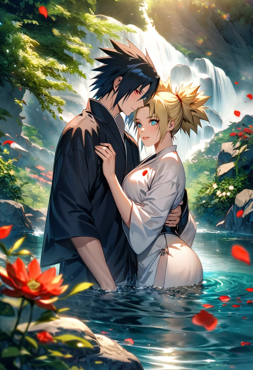 Ultra detailed, Highres, absurdres, HDR, Sasuke Uchiha, red eyes, black hair, Temari, green blue eyes, blonde hair, Naruto Shippuden, water, green leaves, flowers and petals, 1 man with 1 woman together as a couple, handsome,
