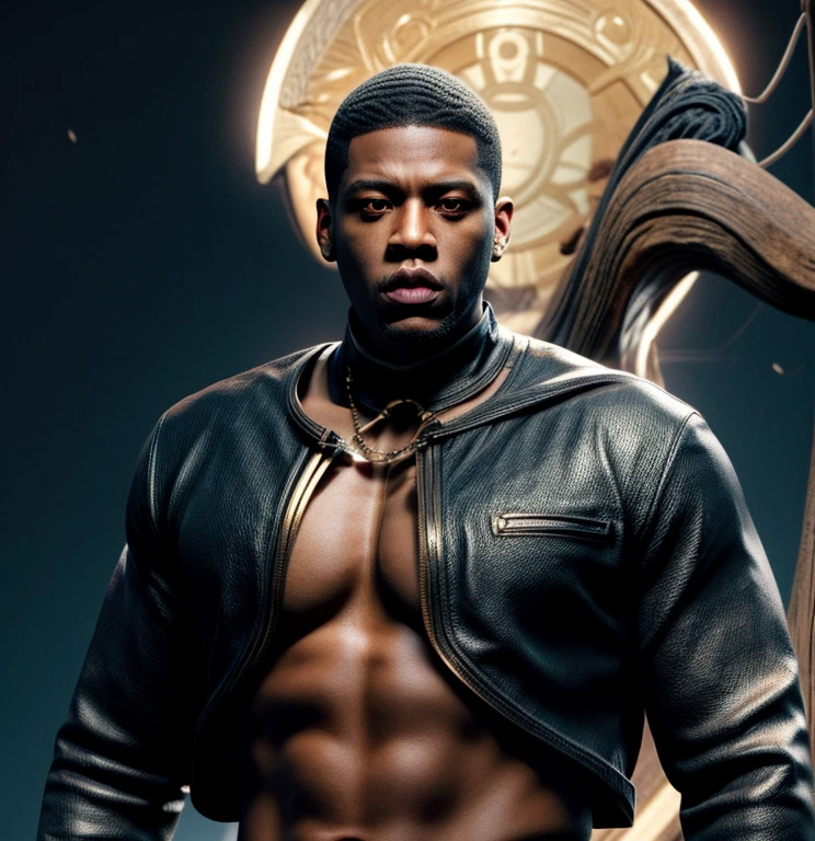 Strong blessed Warrior soul embodiment of peace, love, patience, bravery, courage, compassion, confidence, masculine, cancer sun, zodiac, Sagittarius moon in natal chart, Libra ascendant, man, Deep dark Blue hazey aura flowing around body, black man, brown skin, attractive, muscular, warm radiant essence, divine presence, Godly, Divine, grace, high resolution photo, 4k, 8k, high quality, anime, hetero, straight, dark haircut, Jay Z Style of clothing, 50 Cent energy, Hip Hop, son of Rhea Ripley, genetics, African American, melanin skin