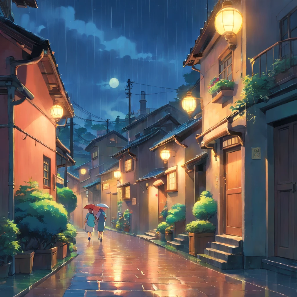 small street with low lighting, with several houses with lights on at dusk, retro futuristic style, with some people walking and a light rain