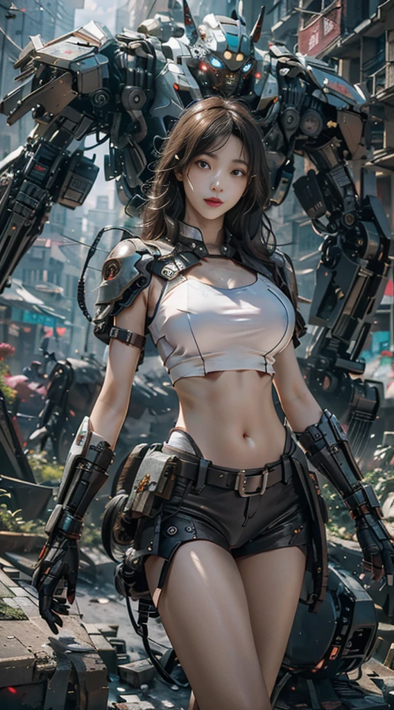 ((best quality)), ((masterpiece)), (He is very detailed:1.3), ..3d, Shitu-mecha, Beautiful cyberpunk woman with her pink mech in the ruins of a forgotten war city, The belly button and arms are exposed.,ancient technology, high dynamic range(high dynamic range), Ray tracing, NVIDIA RTX, Super resolution, Unreal 5, subsurface scattering, PBR textures, Post-processing, Anisotropic filtering, depth of field, 最big清晰度和清晰度, Many albedo and specular layer textures, surface coloring,Accurately simulate the interaction of light with materials,perfect proportions,Rendered by Octane,Two-tone lighting,Low ISO,white balance,rule of thirds,wide opening,8K raw,High efficiency sub-pixel,sub-pixel convolution,glowing particles,light scattering,The Tyndall effect(systemic degeneration), (Exquisite facial features), (is a perfect face), angles dynamic, white hair,,big,big,beautiful breasts、巨big 的乳房:1.4