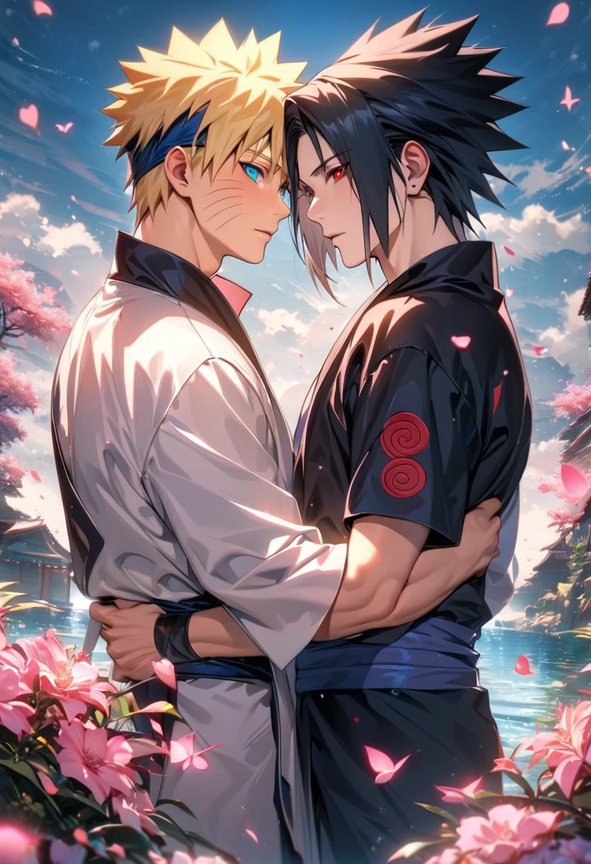 (absurdres, highres, ultra detailed, HDR), master piece, best quality, Uchiha Sasuke, black hair, vibrant red eyes, hair between the eyes, Naruto Shippuden, Uzumaki Naruto, blond hair, vibrant turquoise eyes, 2men together as a couple, gay, handsome, pink flowers, pink butterflies, pink petals, water