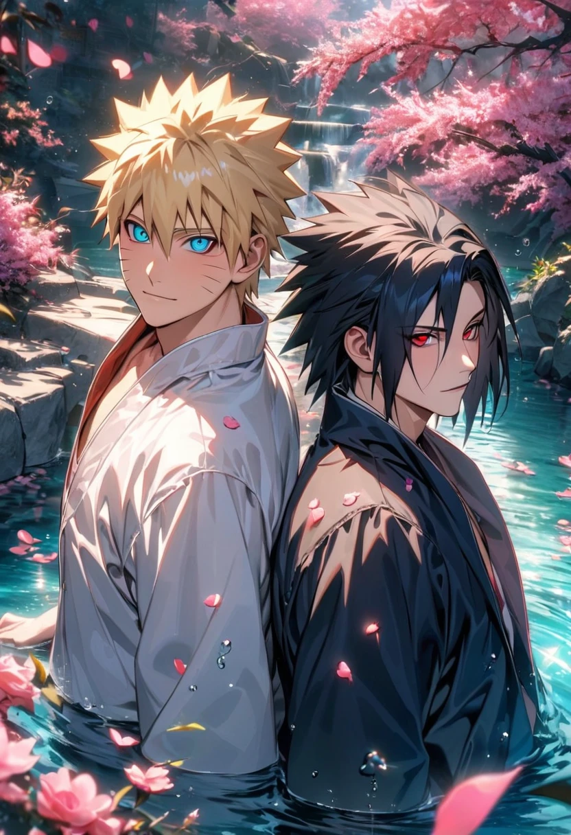 (absurdres, highres, ultra detailed, HDR), master piece, best quality, Uchiha Sasuke, black hair, vibrant red eyes, hair between the eyes, Naruto Shippuden, Uzumaki Naruto, blond hair, vibrant turquoise eyes, 2men together as a couple, gay, handsome, pink flowers, pink butterflies, pink petals, water