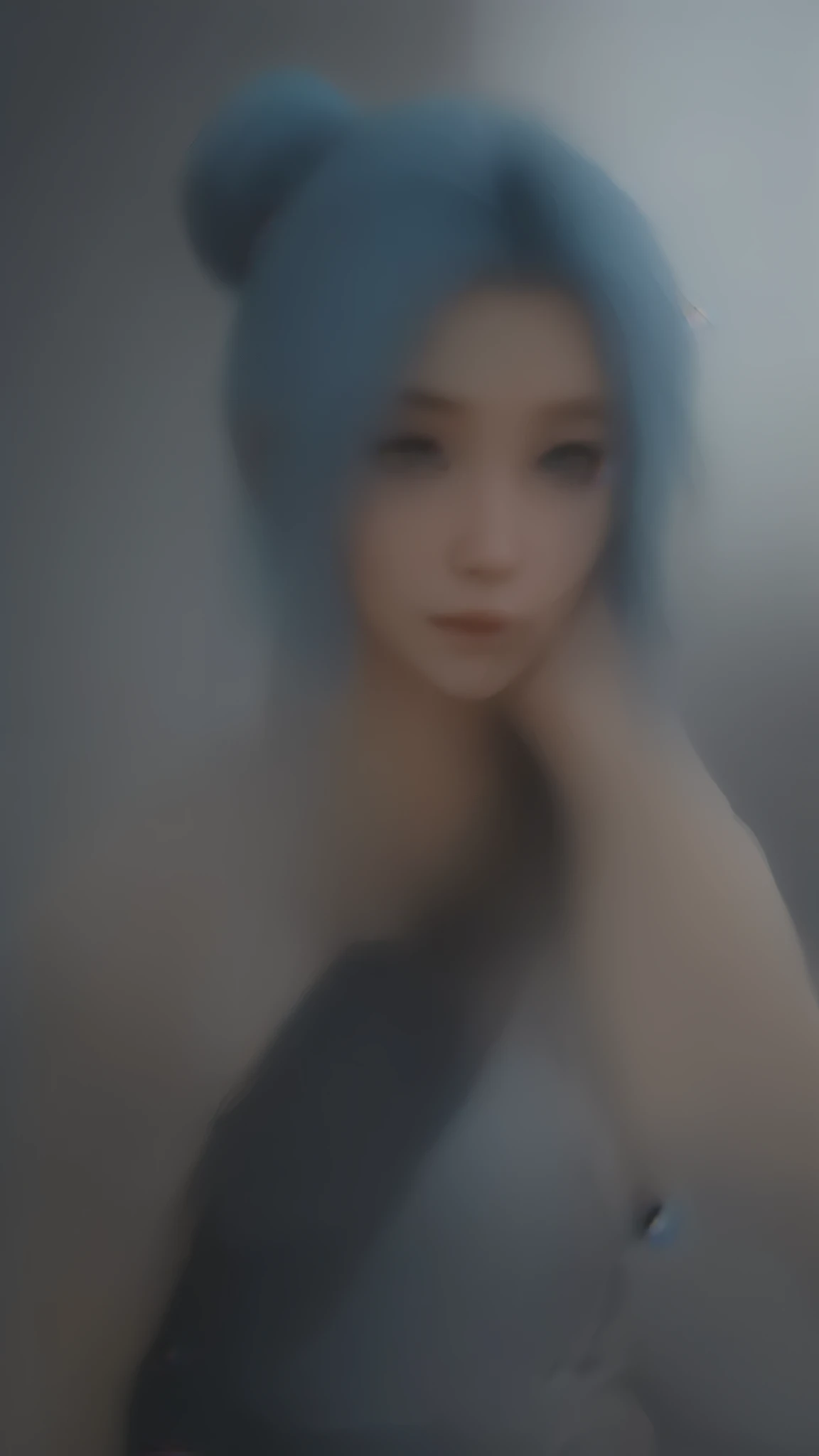 A girl with blue hair and blue eyes is holding a cell phone. She resembles Ayaka and Keqing from Genshin Impact, with the same Genshin Impact character style. She has the elegance of a Knights of Zodiac girl. Her appearance is similar to Cushart Krenz's key art, and she exudes femininity. She also has traits similar to Fus Rei and Zhongli from Genshin Impact. Her chest is covered with blue scales. Her overall appearance is of the best quality, with ultra-detailed and realistic features. The portrait is an anime-style drawing with vibrant colors and soft lighting.