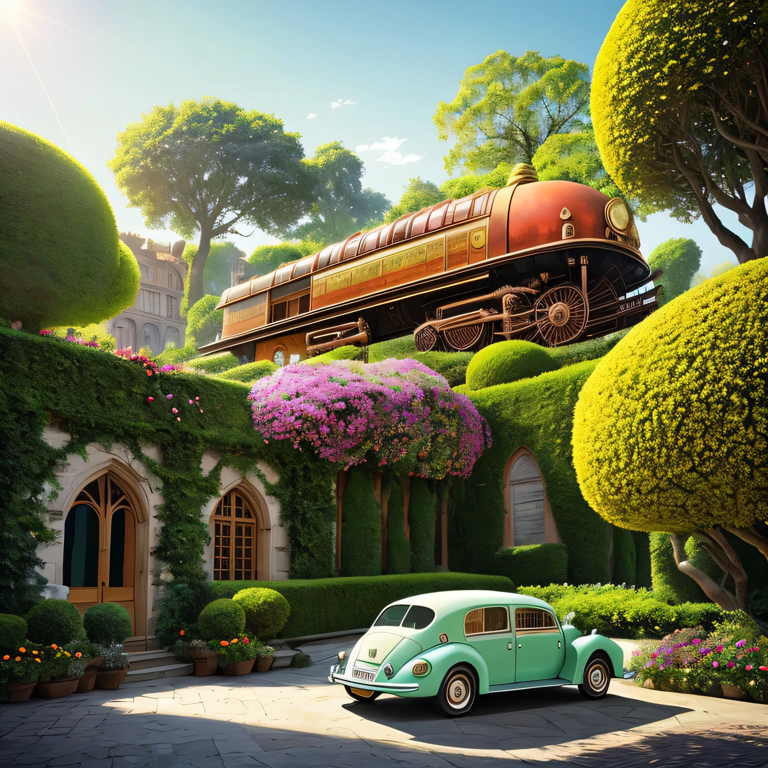 with rust and wealering adding character to its surface, reflects le vibrant hues of le garden and le elephant's massive form. The lush foliage surrounds le scene, avec des pétales tombant doucement comme des confettis, adding to le enchanting ambiance. Intricate details of le car's design are highlighted as le sun illuminates every curve and crevice, inviting viewers to explore le story hidden within its history. The scene is captured in Ultra High Definition, immersing le viewer in a mesmerizing, monde onirique. A gentle breeze carries le sweet scent of flowers through le air, evoking a feeling of peace and tranquility. la voiture ancienne, le