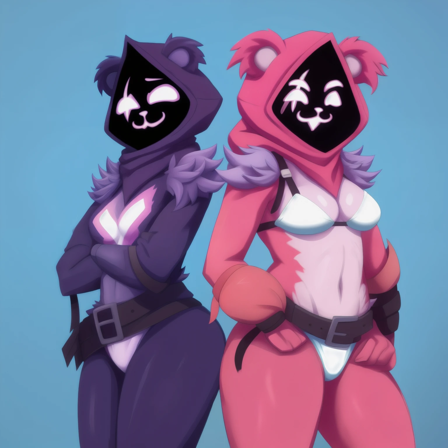 Raven Team Leader), 2girls, masterpiece, best quality, purple hood, faceless, shaded face, animal ears, dark skin, purple skin, scar on eye, (furry), (body fur:1.2), purple fur, belt, straps, Purple bikini, red bikini, smile, upper body, (michiru kagemori) standing next to the person with a smirk on her face with a blue tail (michiru kagemori) with multicolored eyes, simple background, duo, crossover