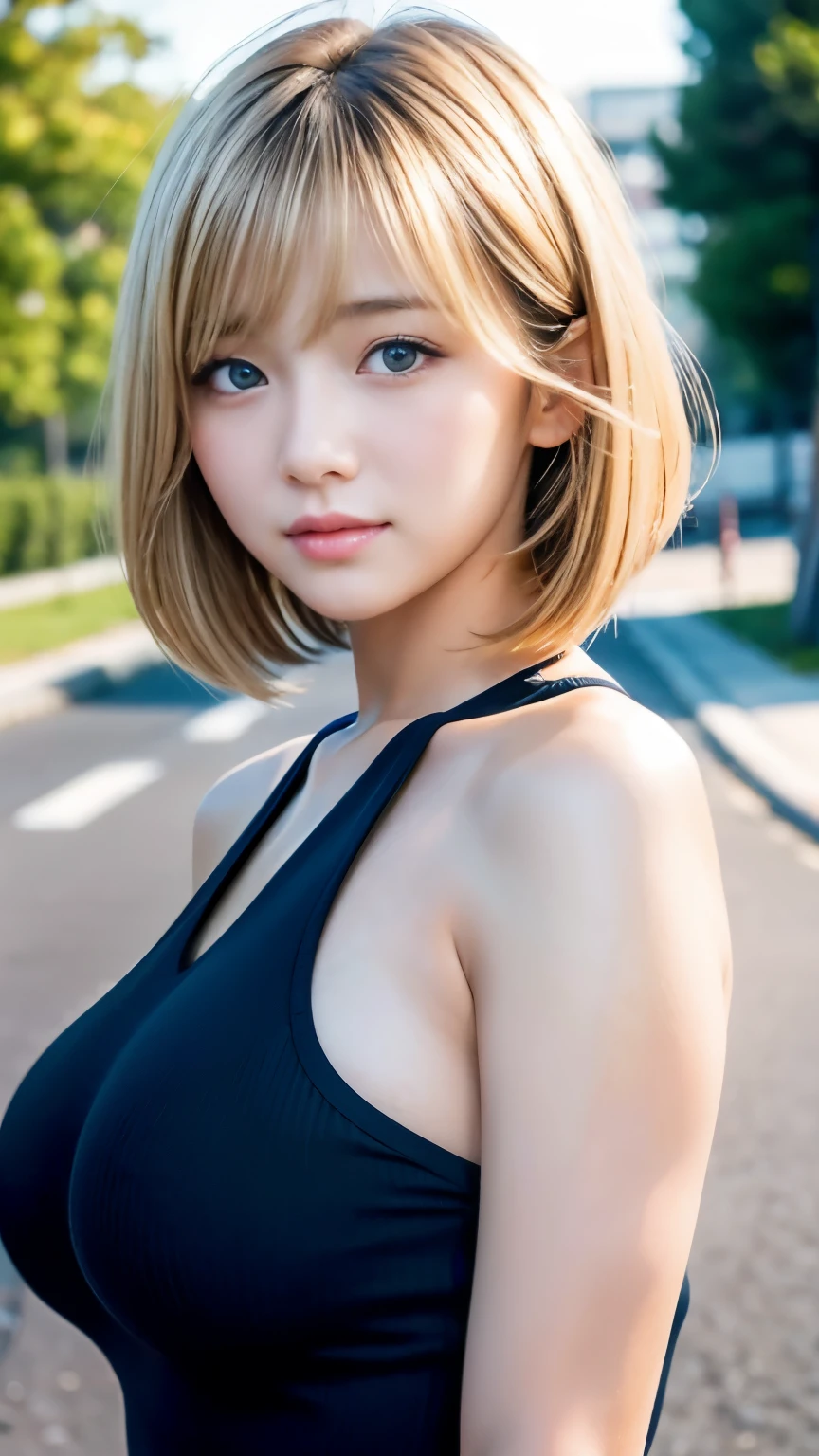 sexy big breasts、Sexy cute looks and cute 15 year old beautiful girl, Beautiful and sexy face、A strong wind blows my hair in front of my face、A short-haired blonde with cute and sexy eyes hidden by long bangs.