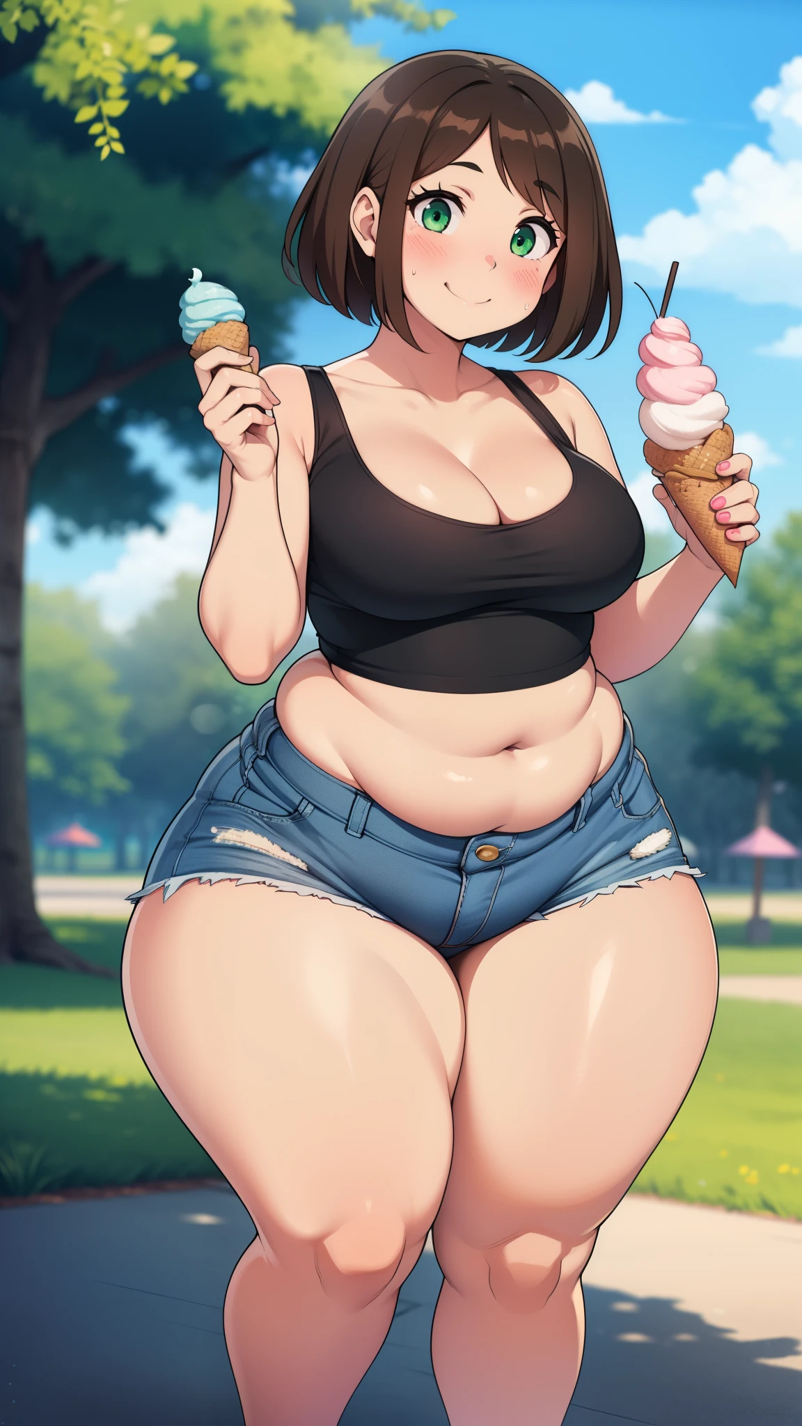 ((highres)), Masterpiece, high quality, best quality, beautiful, perfect lighting, detailed face, ultra cute face, ((1girl)), ((solo), short fluffy brown hair, green eyes, ((blush)), sweet smile, looking at viewer, holding ice cream, standing in a park, (park), daytime, crop top, shorts, ((thick thighs)), wide hips, cleavage, (small breasts), pudgy, 20 year old female,