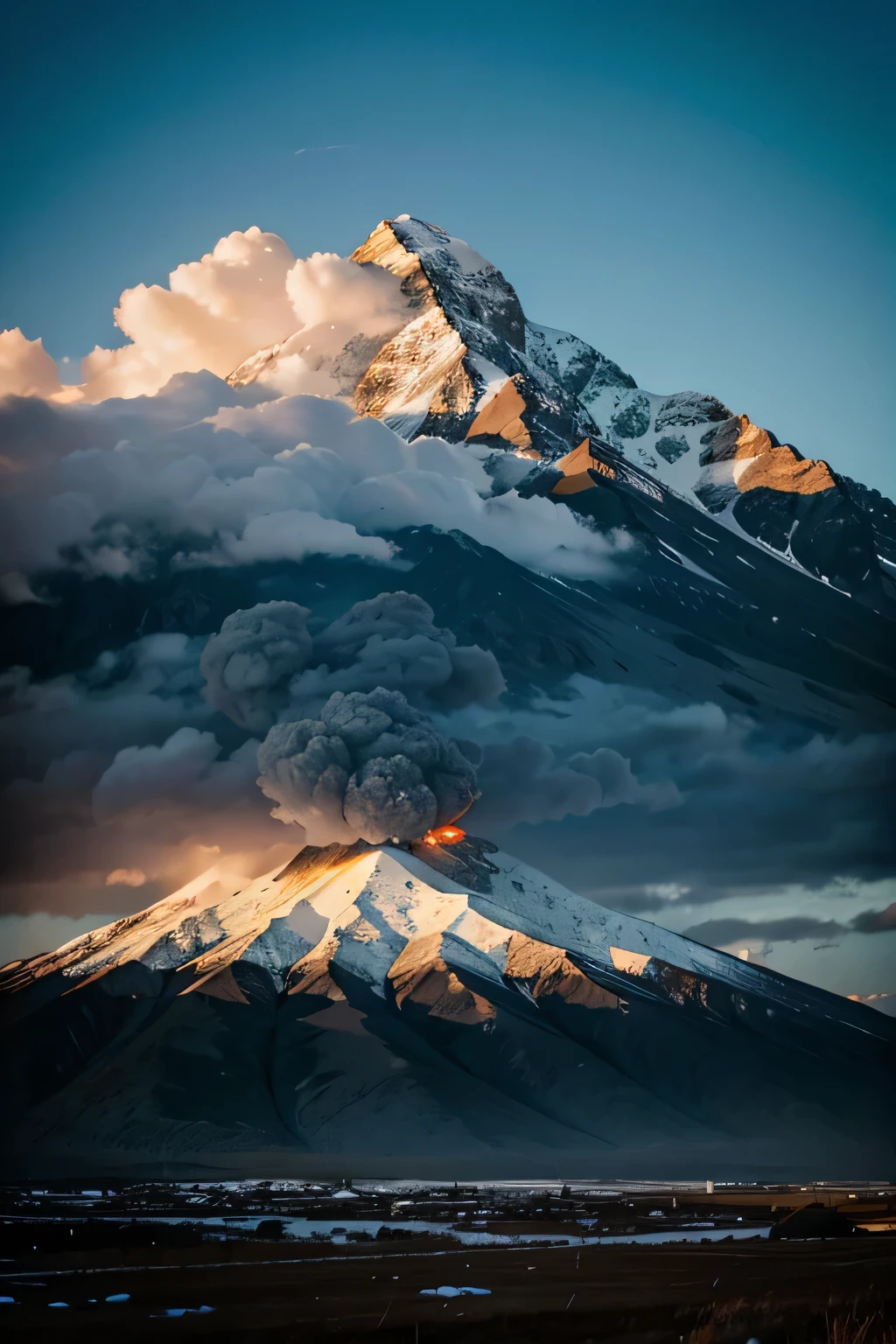 a portrait of a mountain and a fire cloud in the sky