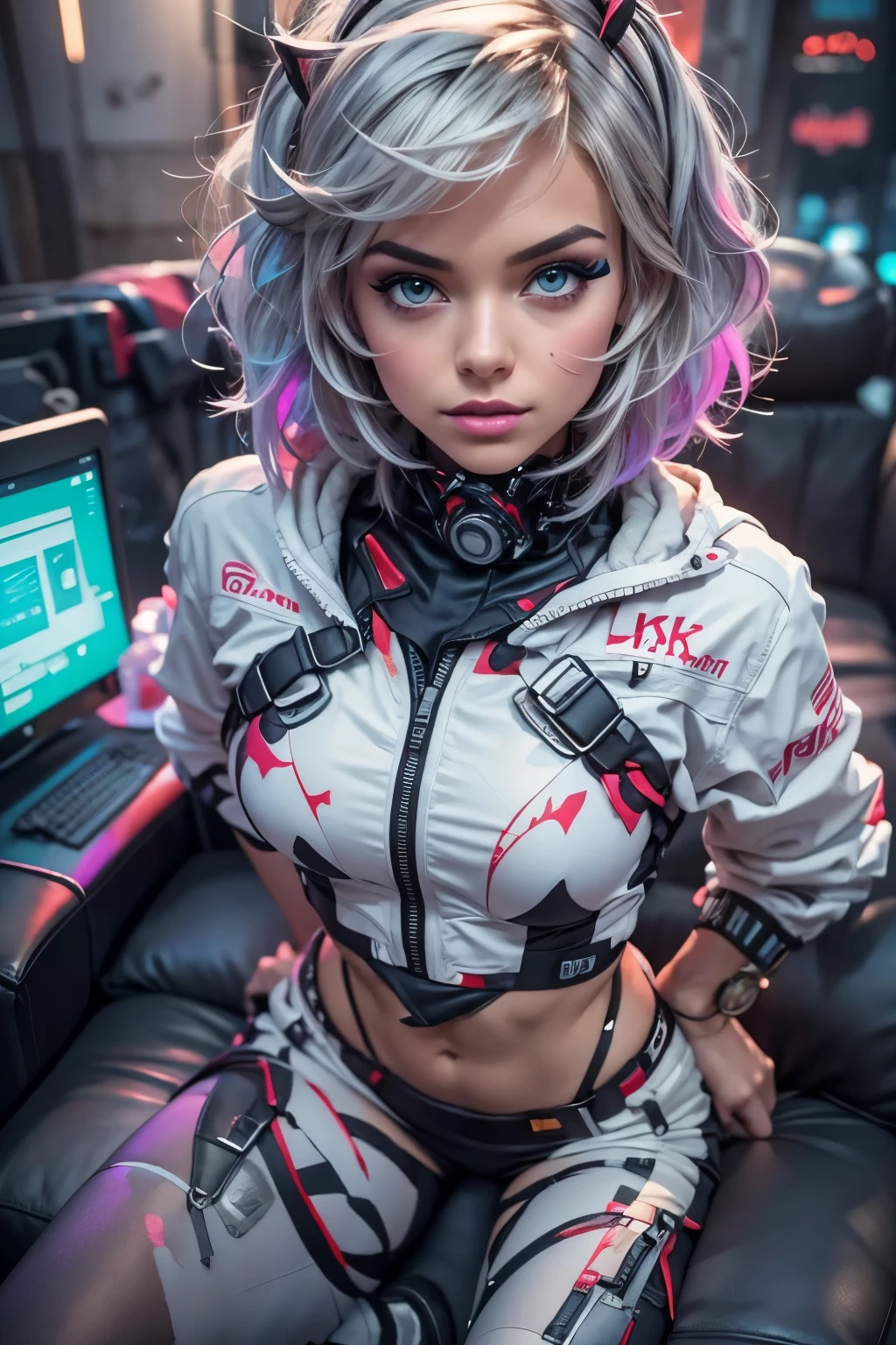 (extremely detailed CG unity 8k wallpaper), (ultra-detailed), masterpiece, best quality, lucy (cyberpunk), bodysuit, solo, , breasts, cyberpunk city, multicolored hair, short hair, looking at viewer, medium breasts, black bodysuit, grey eyes, hip vent, clothing cutout, thigh gap, covered navel, white jacket, bare shoulders, short shorts, couch, legs spread open, 