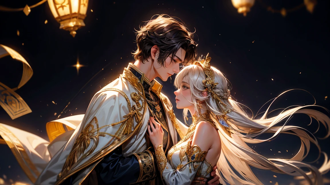 A heartwarming and lyrical scene depicts an intimate encounter between a man and a woman.。Happiness in love。tears of gratitude。steppe of central asia。Sparkling in the moonlight、By the swaying Ili。Creates a fantastic and romantic atmosphere。The couple is embracing each other in bliss。 The man is tall and has dark hair that frames his striking face.。The man is the crown prince of the Turkic nomadic empire.。The man is wearing an ultramarine outfit intricately embroidered with gold thread.。This is the costume that proves he is the Crown Prince.。The women are ordinary people of the oasis and wear Uighur traditional clothing.。The woman from Turpan in the Takmalakan Desert is delicate and .。Show off your radiant beauty with flowing, light-colored hair。 their pure love、Emphasis is placed on transcending class and culture.。 This magical moment captures the essence of their love。Evokes a sense of purity, sweetness and singleness。Persian miniature、Reminiscent of Gustave Moreau&#39;s style、delicate、beautiful、Exotic, luxurious and full of profound charm。