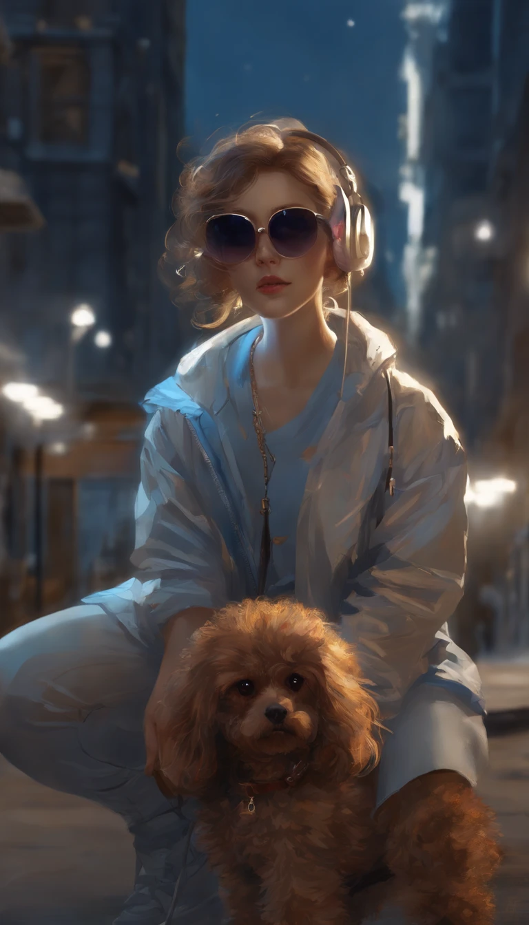 完美center, Cute baby brown poodle, Wearing a student jacket, Wear sunglasses, wearing headphones, standing posture, abstract beauty, center, looking at camera, face camera, almost perfect, Dynamic, Moonlight shines, Very detailed, number, art station, concept art, Silky, sharp focus, 8K, HD resolution, illustration, Artwork by Carne Griffiths and Wadim Kashin,
