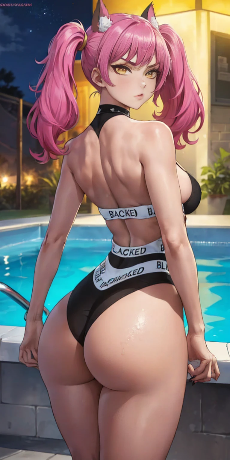 (((1 girl))), medium to large breasts, a beautiful and cute lady, standing, (((in the pool at night))), (big muscular ass), {{{wearing a very sexy bikini }}} , naked, (thin waist), (incredibly beautiful asull body photo, red ribbons in hair, standing, (((bright yellow eyes) )), good anatomy, perfect hand muscular legs))), thin waist, muscular abdomen, wearing black high heel shoes, ((( with her back to me showing her big shapely ass to me))), white skin, hand extremely perfect), (perfect fingers), perfect feet, hands very well done and detailed, ((perfect naillack nails), (straight magenta hair), shiny hair, reflection in the hair, Hair smooth, (((twintails hair))), (golden yellow eye body photo), anime, minimalism, anime style, ray tracing, cinematic lighting, shine, JPEG artifacts, bright light, divine rays, backlight , symmetry, panorama, Sony FE, hard drive, art - Prime, precise, anatomically correct, Super Detail, best quality, hard drive, juice, 16k, dog ears, fluffy dog ears, grabbing own ass