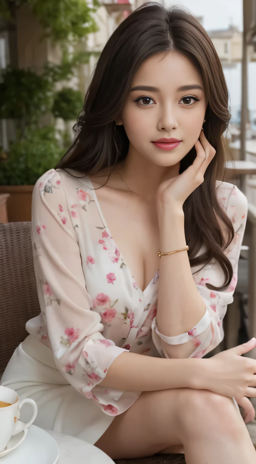 best quality, realistically, super detailed, High resolution, 8k wallpaper, 1 beautiful woman,Shiny skin、 Pink wet lips, floral blouse、white skirt, lock focus, perfect dynamic composition, beautiful eyes, delicate hair, Detailed realistically skin texture, smile, close up portrait, model body shape, On the open terrace of the cafe, (full body shot), He is sitting and leaning on his elbows, looking at me.、legs crossed、tea time、Cup and saucer、cake、beautiful feet、Shooting from a distance,