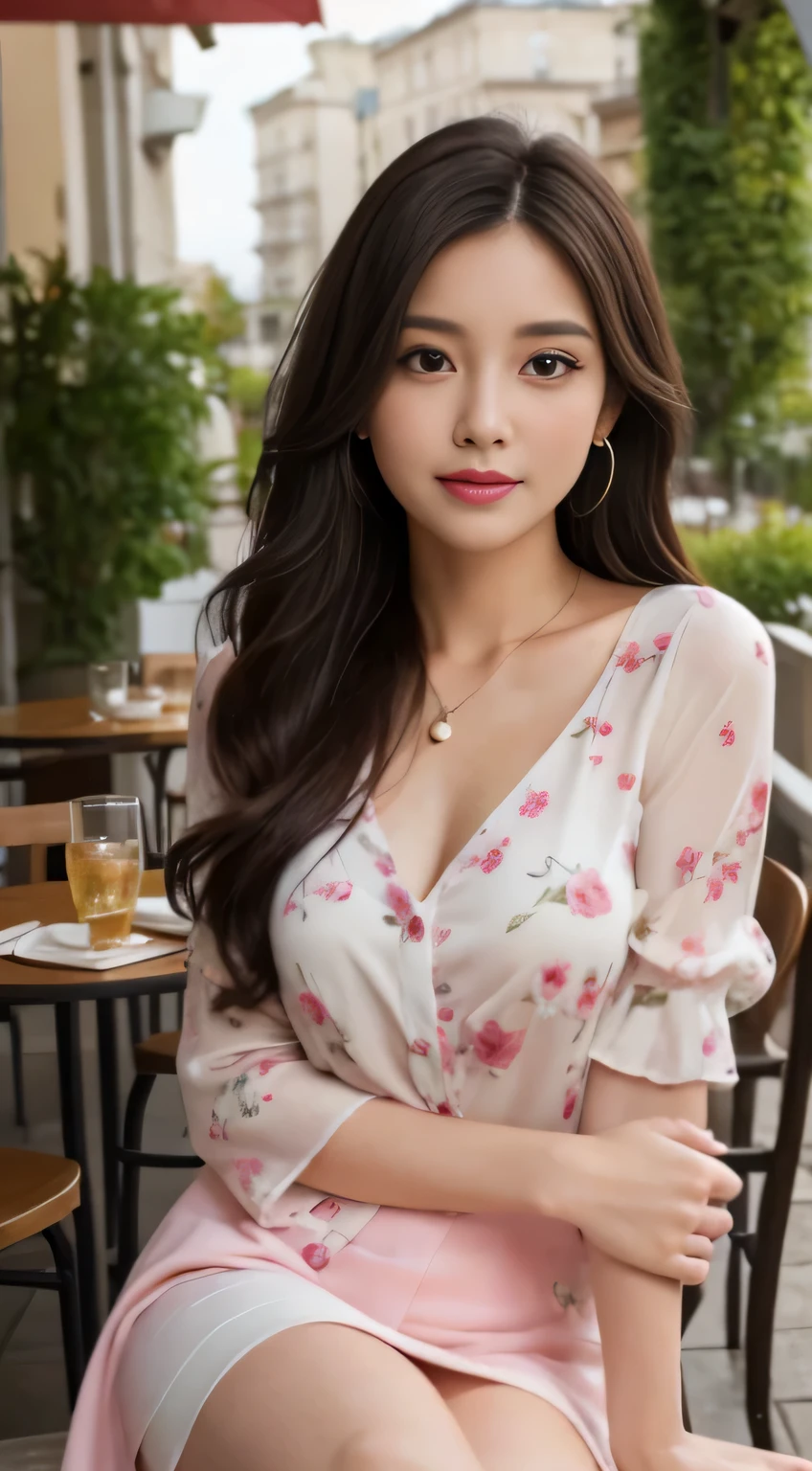 best quality, realistically, super detailed, High resolution, 8k wallpaper, 1 beautiful woman,Shiny skin、 Pink wet lips, floral blouse、white skirt, lock focus, perfect dynamic composition, beautiful eyes, delicate hair, Detailed realistically skin texture, smile, close up portrait, model body shape, On the open terrace of the cafe,  (full body shot), He is sitting and leaning on his elbows, looking at me.、legs crossed、tea time、Cup and saucer、cake、beautiful feet、Shooting from a distance,