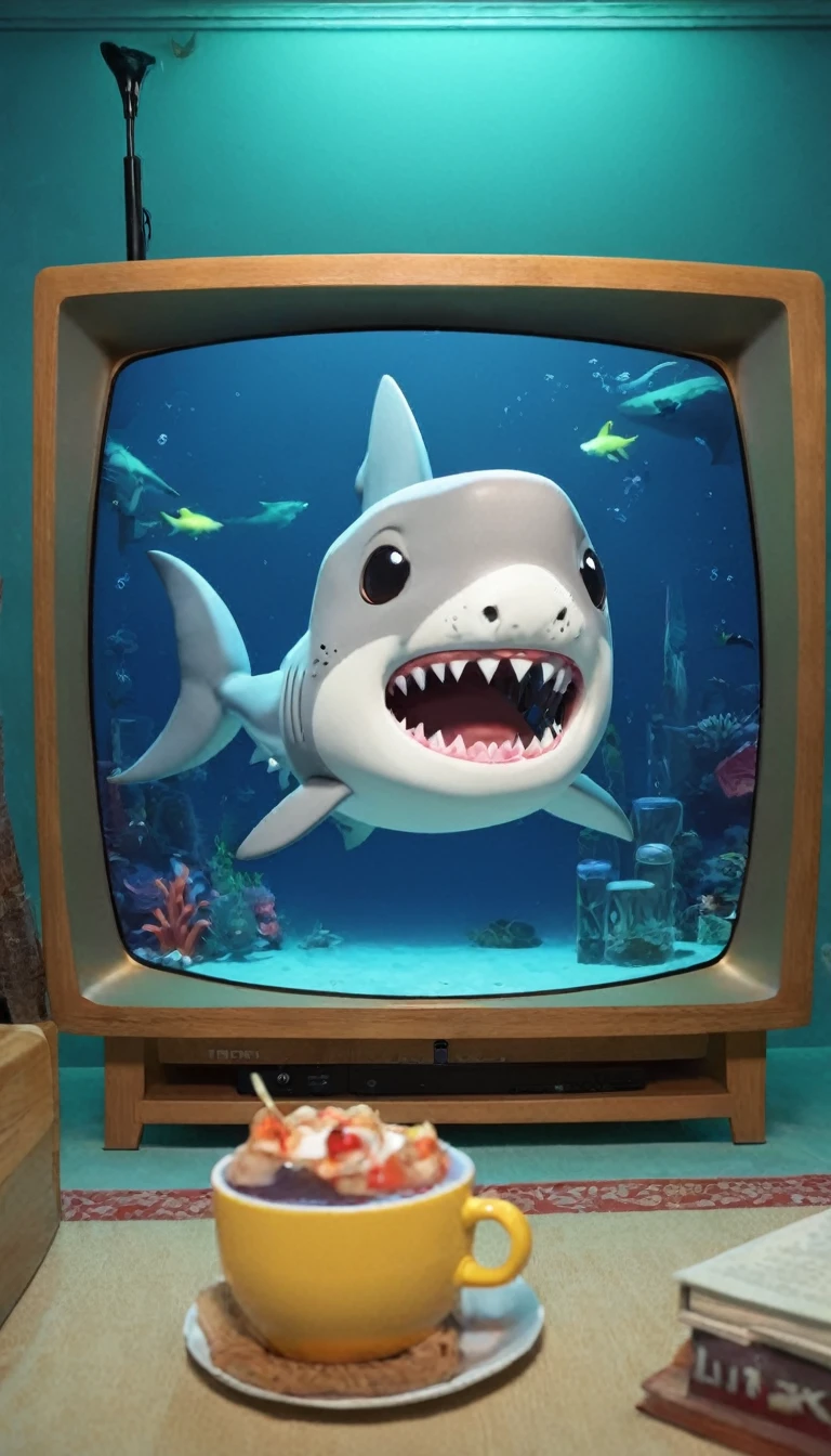 cArtoon style, A (shArk_cub) with nightcAp, underwAter living room, TV show, chibi, best quAlity, mAsterpiece, 8K