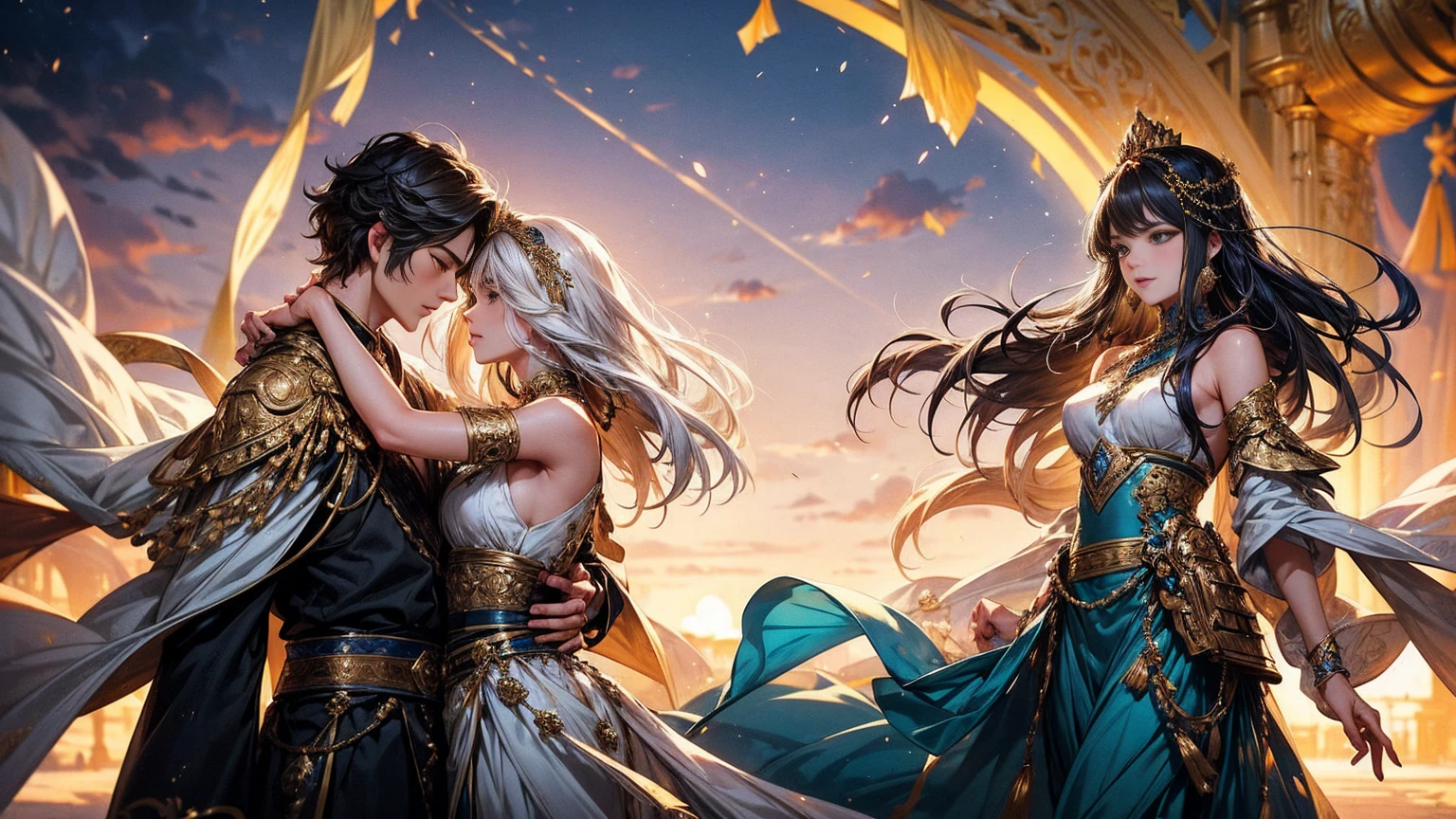 A heartwarming and lyrical scene depicts an intimate encounter between a man and a woman.。Happiness in love。tears of gratitude。steppe of central asia。Sparkling in the moonlight、By the swaying Ili。Creates a fantastic and romantic atmosphere。The couple is embracing each other in bliss。 The man is tall and has dark hair that frames his striking face.。The man is the crown prince of the Turkic nomadic empire.。The man is wearing an ultramarine outfit intricately embroidered with gold thread.。This is the costume that proves he is the Crown Prince.。The women are ordinary people of the oasis and wear Uighur traditional clothing.。The woman from Turpan in the Takmalakan Desert is delicate and .。Show off your radiant beauty with flowing, light-colored hair。 their pure love、Emphasis is placed on transcending class and culture.。 This magical moment captures the essence of their love。Evokes a sense of purity, sweetness and singleness。Persian miniature、Reminiscent of Gustave Moreau&#39;s style、delicate、beautiful、Exotic, luxurious and full of profound charm。