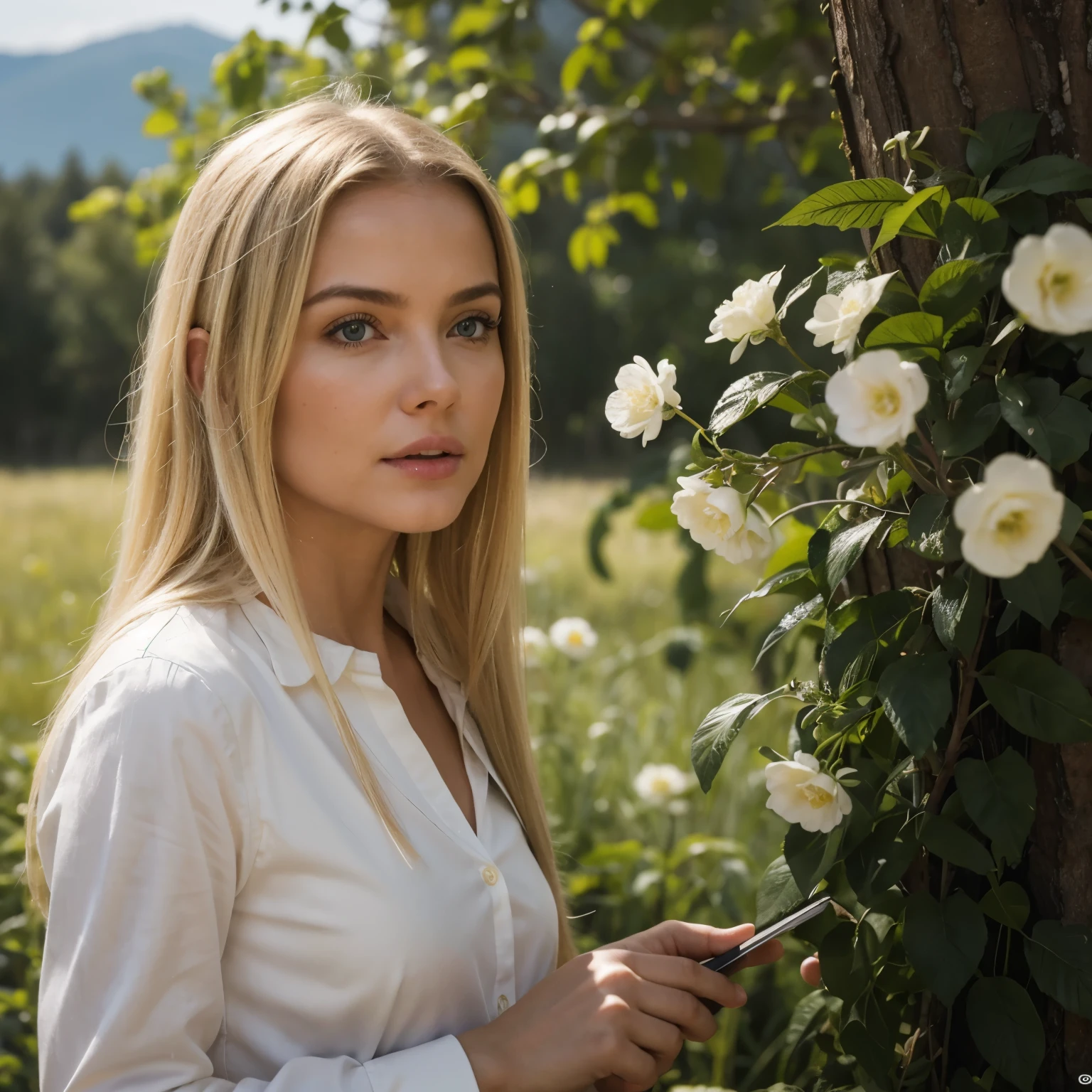 Hyperrealistic action scene., in which a beautiful 40-year-old blonde carefully studies the flora and fauna of Altai "Adds extremely precise details to plants., animales, And the girl&#39;s surprised expression.&#39;la cara, 8K, cinematic light, foto realista, renderizado de octanaje, centrado, obra maestra, 35mm,