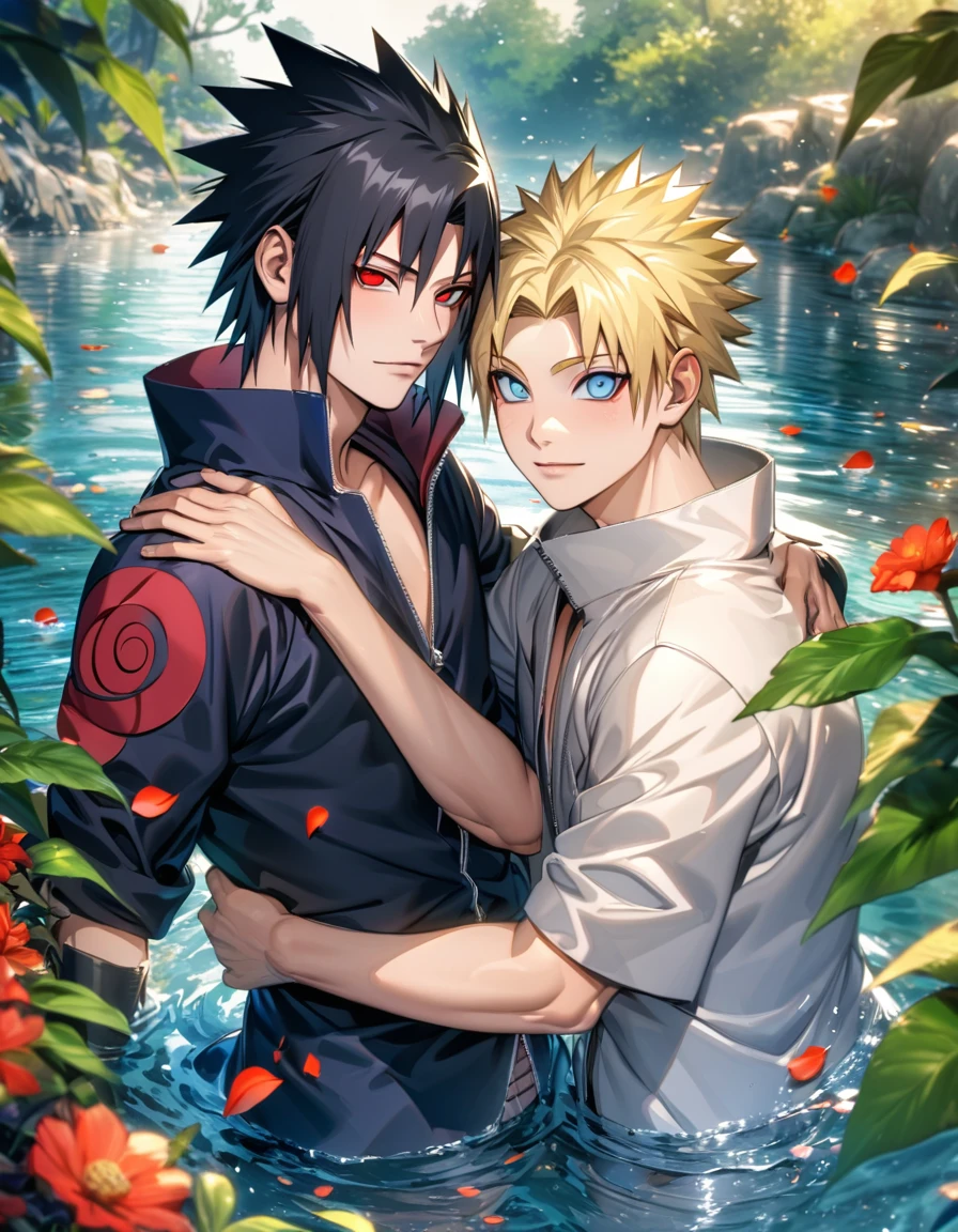 absurdres, highres, ultra detailed, HDR, master piece, best quality, Uchiha Sasuke, black hair, expressive red eyes, Naruto Shippuden, Uzumaki Naruto, blonde hair, expressive turquoise eyes, two sexy men together, gay couple, yaoi, handsome, toned chest, black coat, akatsuki, magical, fantasy, shining, water, pink flowers, blossoms, pink butterflies, pink petals