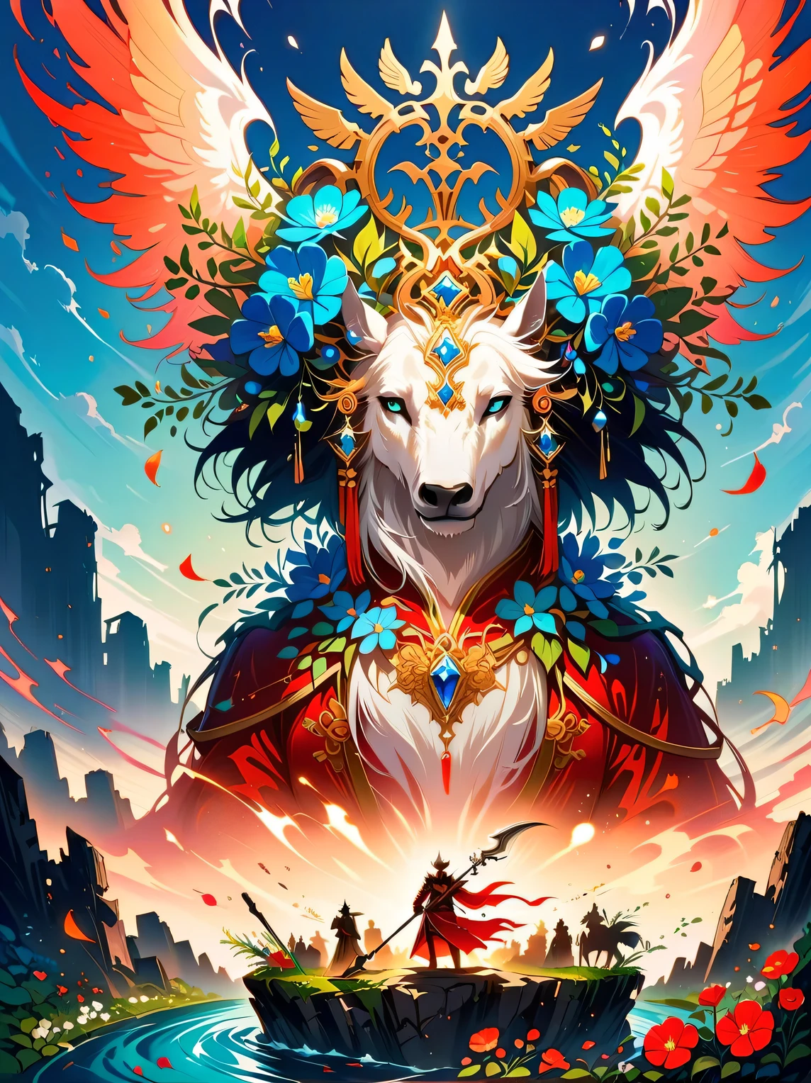 Death&#39;s beauty knight rides a white horse through the ruins，Wield a scythe，Harvest the flowers of life for all living beings in the world。However，The distant dawn appears first，New sprouts appear，Symbolizes that death is not the end，It is the beginning of transformation and rebirth.，masterpiece，best quality，The composition is perfect，Very aesthetic，absurd，Super detailed，detail intricate, major, official art, representative work