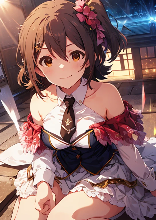 Mirai Kasuga (million live), (highest quality, 8K, masterpiece, Super detailed:1.2), (Lens flare, particles of light, shine), big breasts, smile, open your mouth, masterpiece, highest quality, Super detailed, High resolution, Very detailed CG, official art, idol costume, pink tie,white skirt, off shoulder, ((nfsw)), dynamic angle, perfect body,sexy, panty shot, lie down,((M-shaped spread legs)), (Squat down with one knee up),(spread your legs),raise your legs,Panties that dig into the crotch,