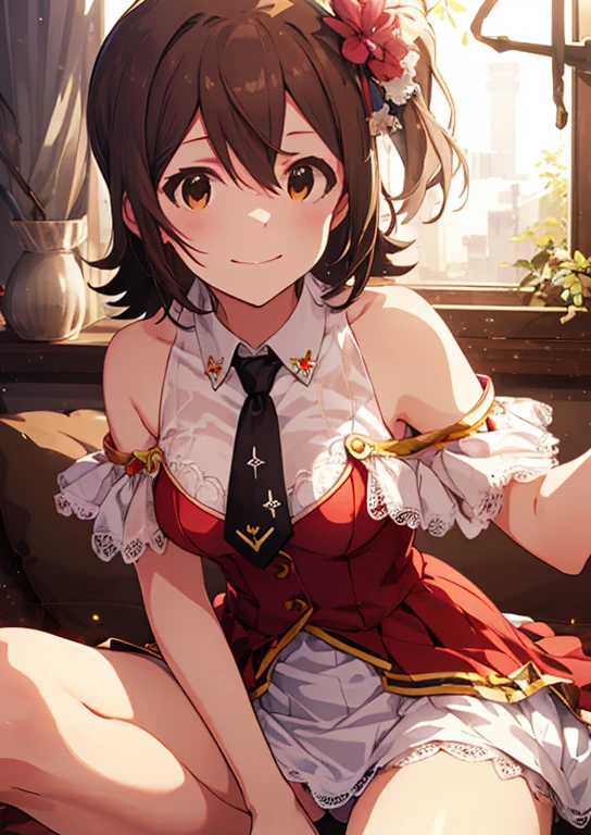 Mirai Kasuga (million live), (highest quality, 8K, masterpiece, Super detailed:1.2), (Lens flare, particles of light, shine), big breasts, smile, open your mouth, masterpiece, highest quality, Super detailed, High resolution, Very detailed CG, official art, idol costume, pink tie,white skirt, off shoulder, ((nfsw)), dynamic angle, perfect body,sexy, panty shot, lie down,((M-shaped spread legs)), (Squat down with one knee up),(spread your legs),raise your legs,Panties that dig into the crotch, 