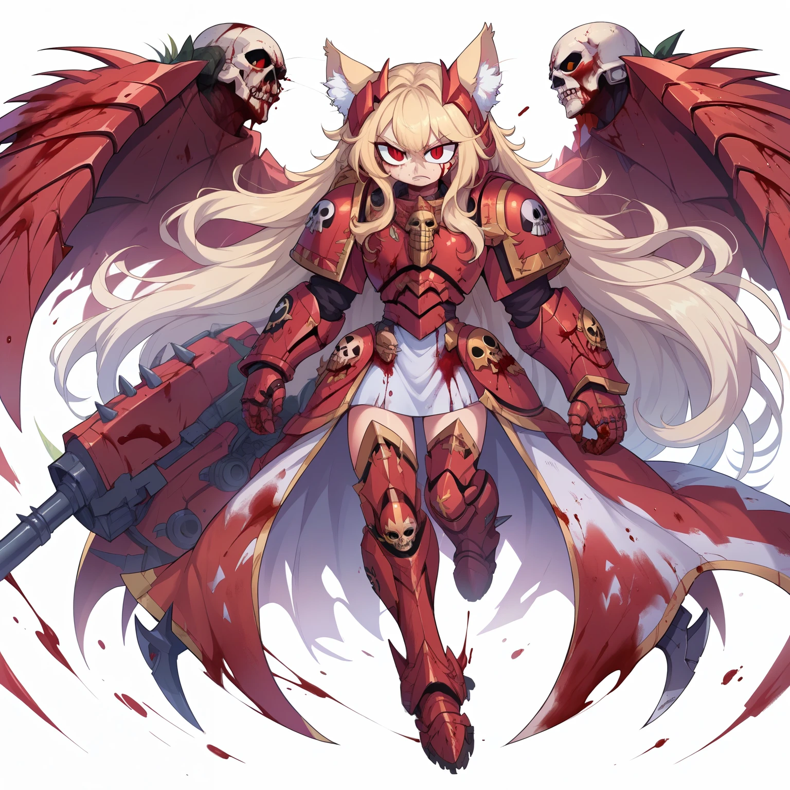 score_9, score_8_up, score_7_up, score_6_up,score_5_up,score_4_up, BREAK dripjacket, own hands together, necoarcslit pupils, chibi, :3cat ears, blood red power armor, warhammer 40k, blonde hair, red eyes, young khornate berzerker covered in blood, blood on face, blood on armor, battlefield, pile of skulls, full shot,