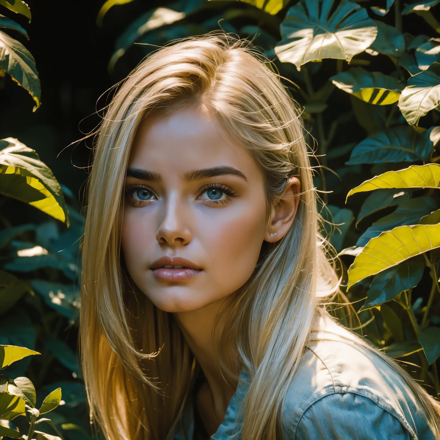 Hyperrealistic action scene., in which a beautiful 40-year-old blonde carefully studies the flora and fauna of Altai "Adds extremely precise details to plants., animales, And the girl&#39;s surprised expression.&#39;la cara, 8K, cinematic light, foto realista, renderizado de octanaje, centrado, obra maestra, 35mm,