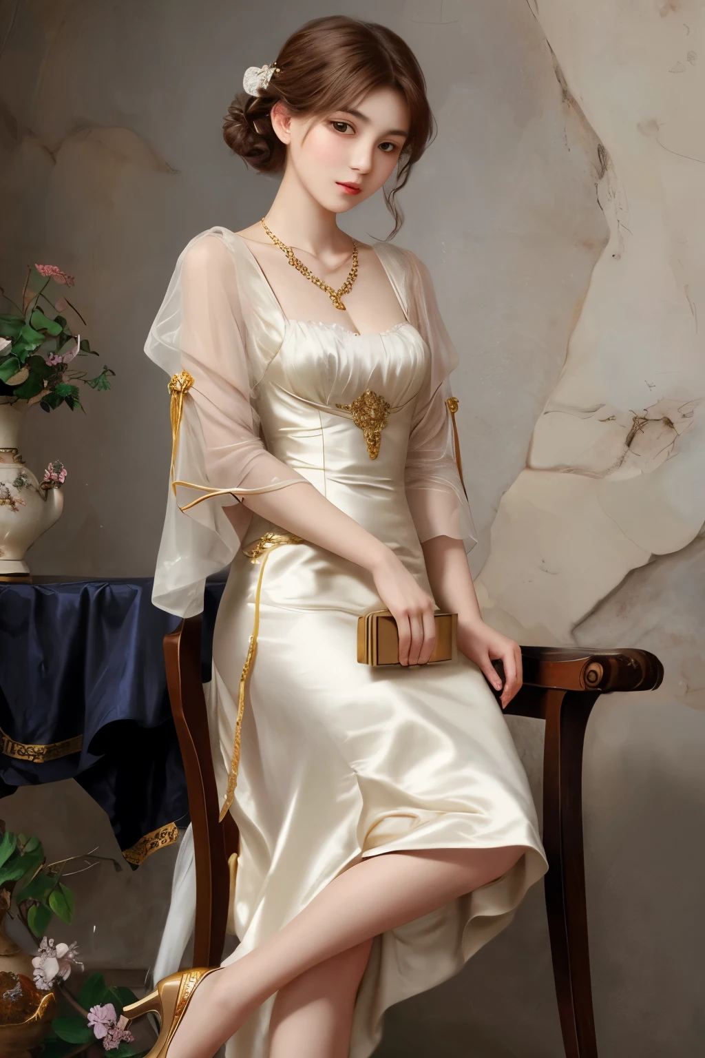 Korean beauty sitting on a chair wearing a necklace, Giovanni Boldini(Giovanni Boldini), Elegant lady, wearing silk clothes,