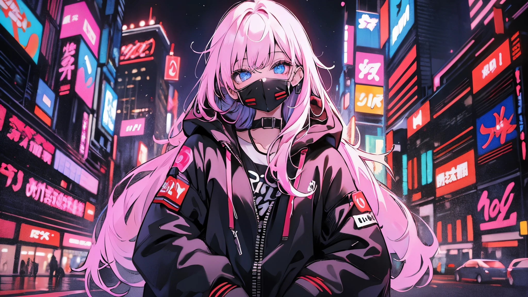 (1 girl)、(voluptuous beauty)、(30 years old)、(very long white hair)、(best image quality)、(8K quality)、(cyberpunk)、(table top)、 (flickering of light)、(Wear a cyberpunk-style hooded military uniform)、(confident smile:1.2)、(eyepatch)、(full body photo)、cinematic light, cinema shadow, clear image, very detailed, Volume measurement, bright sprites, particle effects, beautiful effect, Bright colors, neon, (neonライト:1.5), very detailed画像テクスチャ, fine hair, detailed face, fine eyes, full body photo, city、black hair、eyes shine、Glowing red aura、Photo from above the knees、beautiful effect, Bright colors, very detailed画像テクスチャ, fine hair, fine eyes,(Cyberpunk cityscape at night:1.5)、