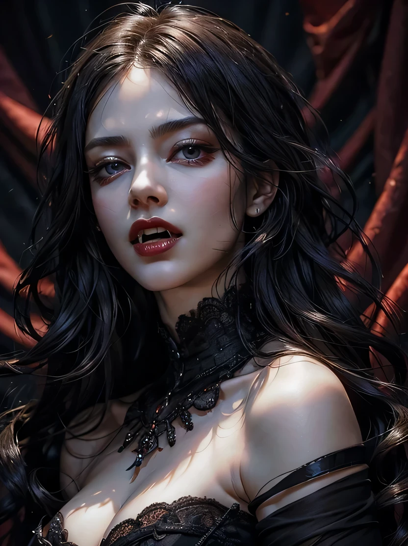 ((masterpiece、highest quality、Super fine、High resolution、photorealistic、sharp focus、cinematic lighting))、((1 female、bust shot))、Beautiful female vampire portrait、Mouth open, showing very long fangs、Ready to bite the viewer、Crystal amethyst eyes、red lips、pale face、long wavy hair、Very black hair、elegant dress、view audience