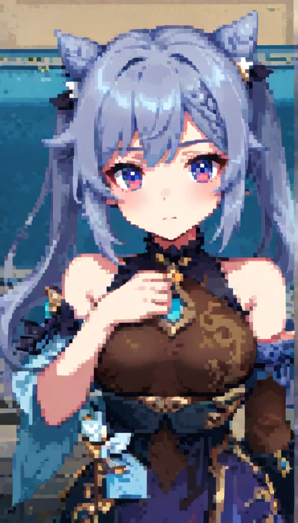 anime girl with blue hair and blue eyes holding a cell phone, ayaka genshin impact, keqing from genshin impact, genshin, ayaka game genshin impact, genshin impact character, portrait knights of zodiac girl, cushart krenz key art feminine, fus rei, zhongli from genshin impact, blue scales covering her chest, hestia performa high quality pixel anime perfect spot  of game, character model ,1024 bit pixel details 