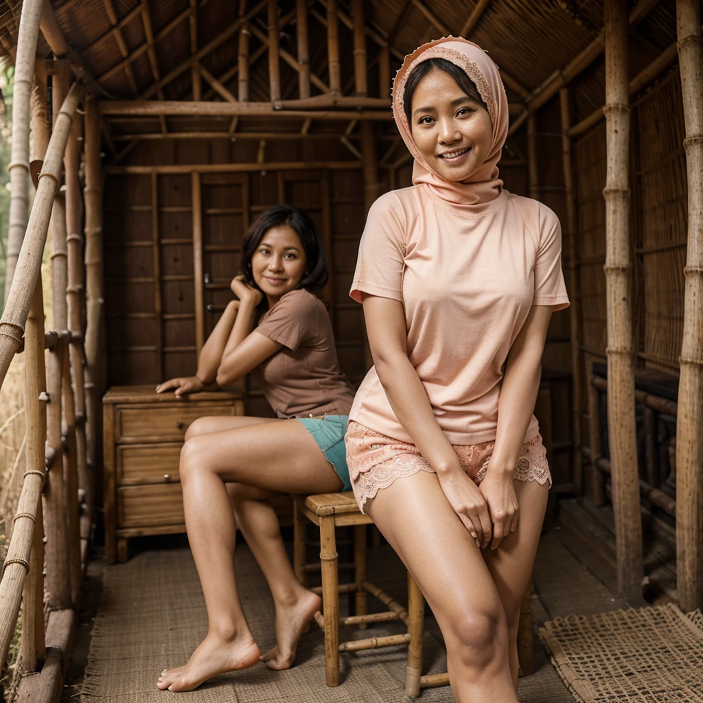 A 52 years old Indonesian woman in peach color hijab, wearing peach color lace tight t-shirt, wearing very short peach color lace shorts, villager, poor woman, darker skin, curvier body, short body, smiling and sitting on a stool in the old bamboo cabin in a forest, look to the viewer with eye close