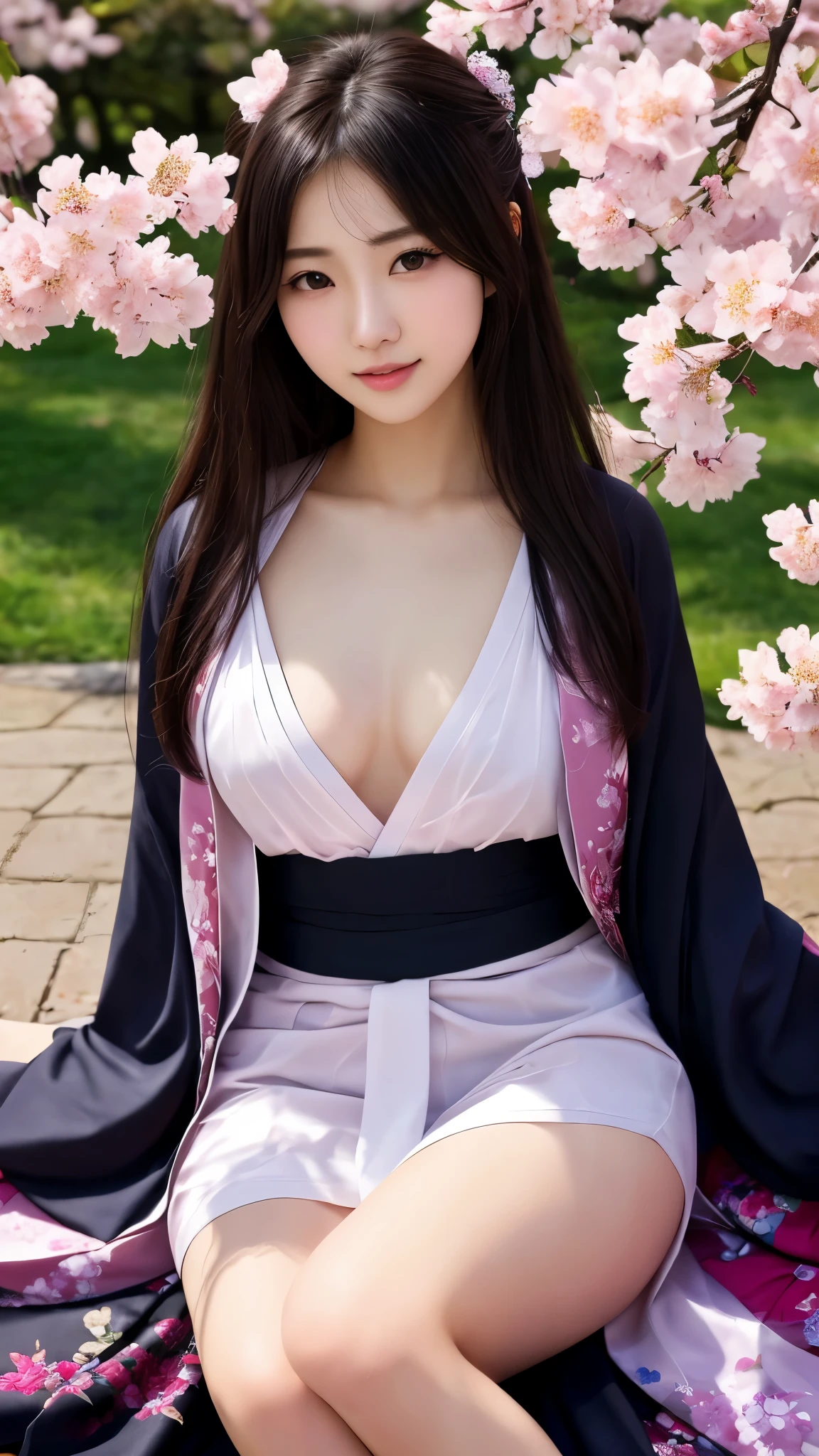 最high quality、high quality、best image quality、8K、最High resolution、High resolution、最high quality、masterpiece、Realistic human body in every detail、Realistic skin in every detail、Realistic face in every detail、Realistic eyes down to the details、Realistic lips in every detail、Realistic teeth in every detail、Realistic ears down to the last detail、Realistic hair down to the last detail、Realistic arms down to the last detail、Realistic reproduction of every detail、Realistic fingers in every detail、(fine hands、thumb1reference4)、Realistic feet in every detail、((beautiful japanese girl))、(japanese model), (japanese woman)、((18 year old beautiful girl))、(black hair)、(random hairstyle)、((whole body))、((beautiful upturned chest))、(slim style、slender style)、(whole body光沢肌、Fair skin)、soft natural light、Furisode、kimono、yukata、japanese traditional、Japanese garden、((thin see-through(花柄入り丈の短いkimono))、((Lying under a cherry tree in full bloom(Pose that makes your thighs look beautiful))