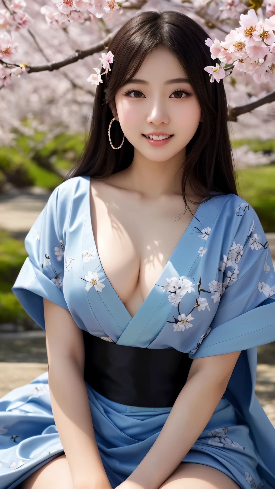 最high quality、high quality、best image quality、8K、最High resolution、High resolution、最high quality、masterpiece、Realistic human body in every detail、Realistic skin in every detail、Realistic face in every detail、Realistic eyes down to the details、Realistic lips in every detail、Realistic teeth in every detail、Realistic ears down to the last detail、Realistic hair down to the last detail、Realistic arms down to the last detail、Realistic reproduction of every detail、Realistic fingers in every detail、(fine hands、thumb1reference4)、Realistic feet in every detail、((beautiful japanese girl))、(japanese model), (japanese woman)、((18 year old beautiful girl))、(black hair)、(random hairstyle)、((whole body))、((beautiful upturned chest))、(slim style、slender style)、(whole body光沢肌、Fair skin)、soft natural light、Furisode、kimono、yukata、japanese traditional、Japanese garden、((thin see-through(花柄入り丈の短いkimono))、((Lying under a cherry tree in full bloom(Pose that makes your thighs look beautiful))