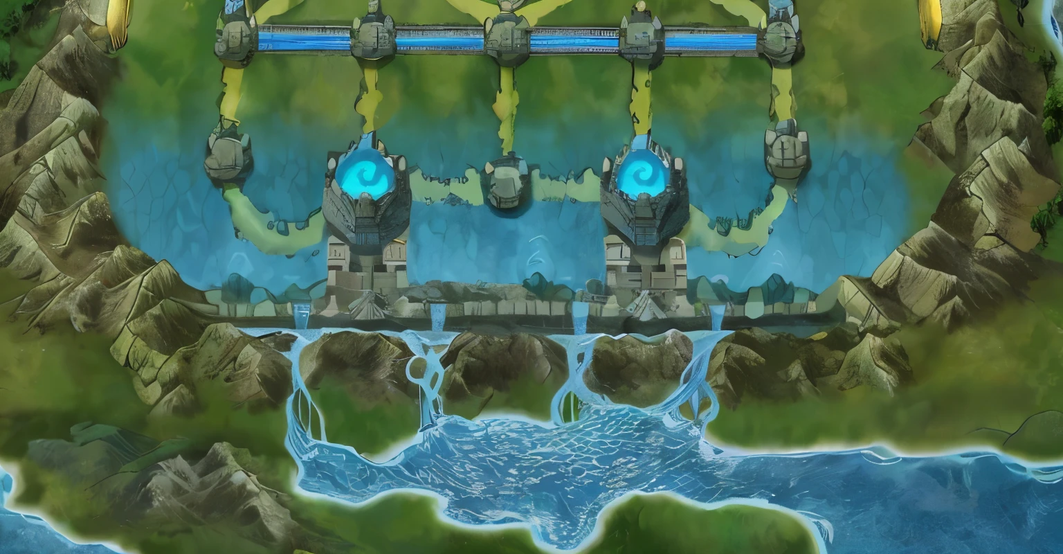 Close up of a map of a castle with a bridge, background air combat, water temple, There are water walls on both sides, Sewer background, Odin&#39;s Stone Arena Background, Detailed game art, tilset, Close-up of magical water gate, Background super detailed, background fortress, Magic battlefield background, 2D game art background, Detailed water, Battle map props