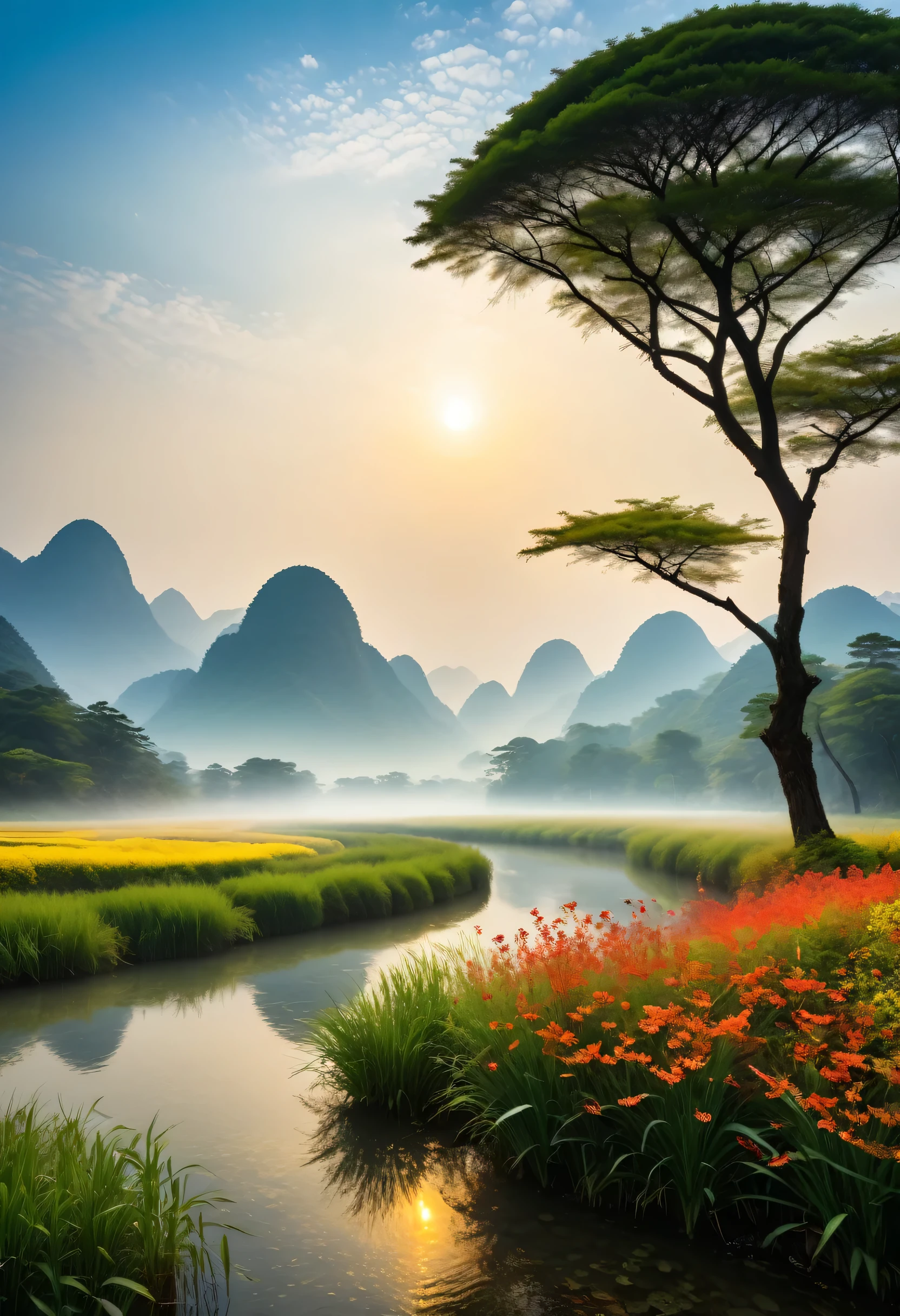 Landscape Description:
Surrounded by the tranquility of nature, A picturesque landscape unfolds before your eyes, Invites viewers into a peaceful and beautiful、A deep and wonderful realm. This scene embodies the essence of the countryside, Rolling hills and verdant grassland meet under the endless blue sky.
Sky:
more than, The sky stretches out a blue, Dotted with wisps of cotton-like clouds,Floating lazily across the Sky. sun, A sphere shining with golden light, Throw a warm hug to the earth, Inject soft, ethereal light.
hills:
reception, The emerald green hills gently rise and fall,Like ocean waves frozen in time. The interplay of light and shadow highlights every undulation, Creating a mesmerizing dance of chiaroscuro in the landscape.
grassland:
Under the rolling hills is a lush green, Sunny grassland, Covered with wild flowers of various colors. Butterflies flutter among the flowers, Their delicate wings cast fleeting shadows on the vibrant canvas below..
Tree:
Clusters of majestic trees dot the landscape, Their branches are intertwined,Pointing to the Sky,Pray silently. Their leaves rustle gently in the breeze, Providing shade and shelter to the countless creatures in this idyllic oasis.
river:
A clear river winds through the center of the scene., The lake sparkles in the soft light,Like liquid sapphire. along its banks, The reeds sway rhythmically in the breeze, Add a touch of movement to the calm picture.
horizon:
On the distant horizon, The earth gradually turned into a hazy mirage, Where heaven and earth meet,Color and form are seamless. here, The boundary between reality and dreams becomes blurred, Let the audience immerse in the eternal beauty of nature.
conclusion:
In this magnificent scenery, Artists capture more than just the natural features of the land, And its ineffable spirit - a kind of infinite tranquility, Eternal Update, and timeless elegance. This is a soul-touching scene., Let people see the magnificent scenery of nature.