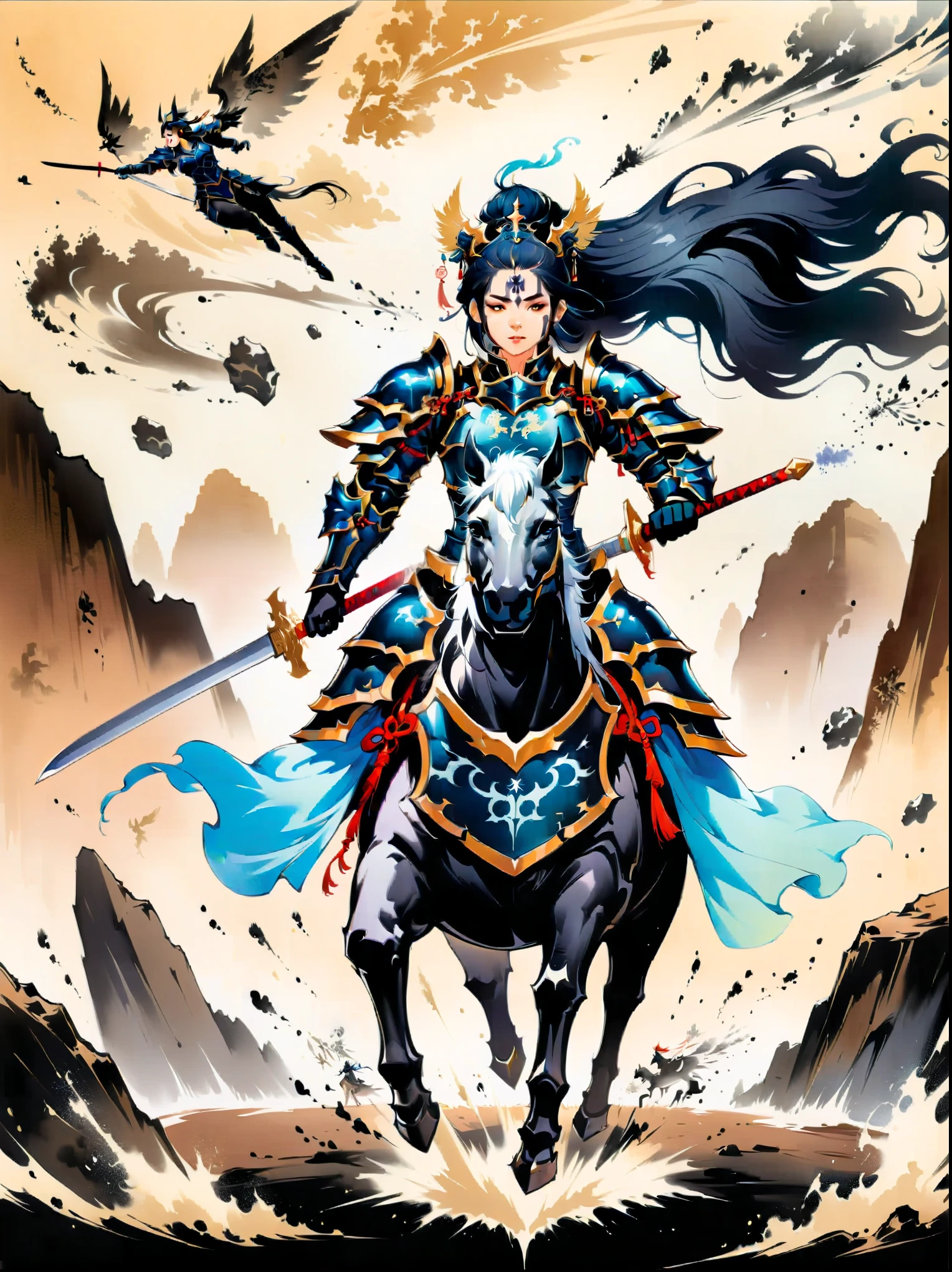 Ink painting，((imagine))，((whole body))，((Beautiful woman wearing dark blue Warring States armor)), (Anatomically correct and precise facial structure, detailed facial depiction, and delicate facial features)，on a black horse, 机械手臂握着长sword, A desert behind you，sword，Flying sand and rocks, Ink martial arts style,  (anatomically correct)，Ultra HD resolution，Freehand style，majestic，Natural light，(first-person view, masterpiece, ccurate, anatomically correct, high details, best quality, 8k)