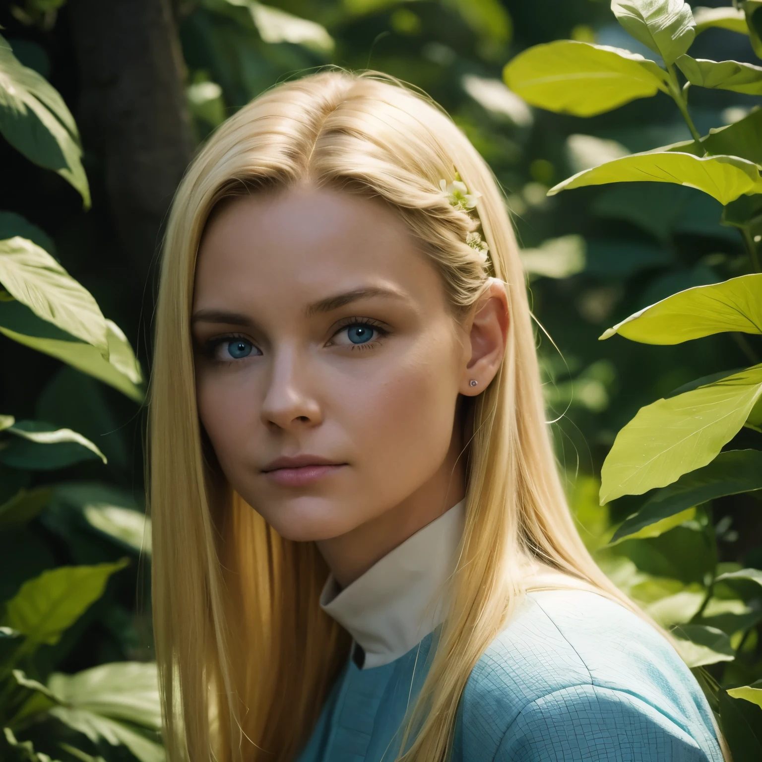 Hyperrealistic action scene., in which a beautiful 40-year-old blonde carefully studies the flora and fauna of Altai "Adds extremely precise details to plants., animales, And the girl's surprised expression.'la cara, 8K, cinematic light, foto realista, renderizado de octanaje, centrado, obra maestra, 35mm,