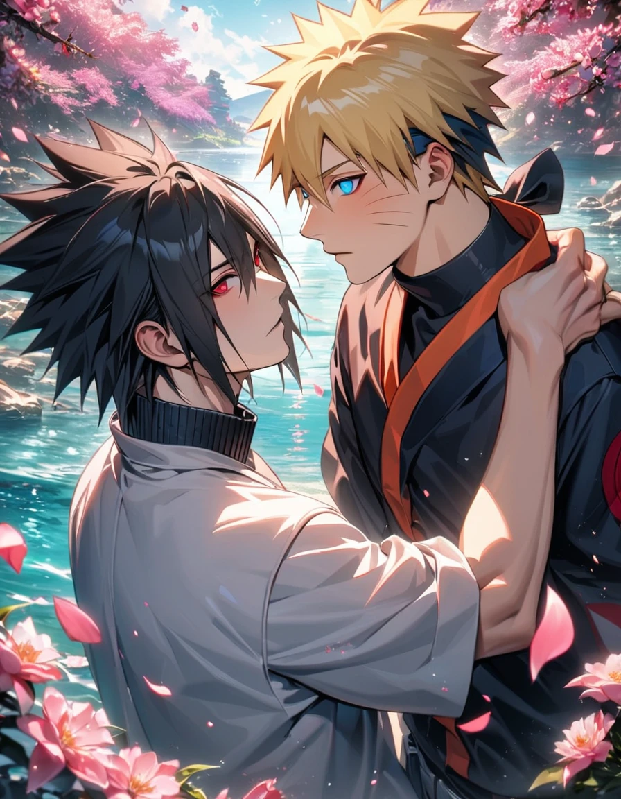(absurdres, highres, ultra detailed, HDR), master piece, best quality, Uchiha Sasuke, black hair, vibrant red eyes, hair between the eyes, Naruto Shippuden, Uzumaki Naruto, blond hair, vibrant turquoise eyes, 2men together as a couple, gay, handsome, pink flowers, pink butterflies, pink petals, water