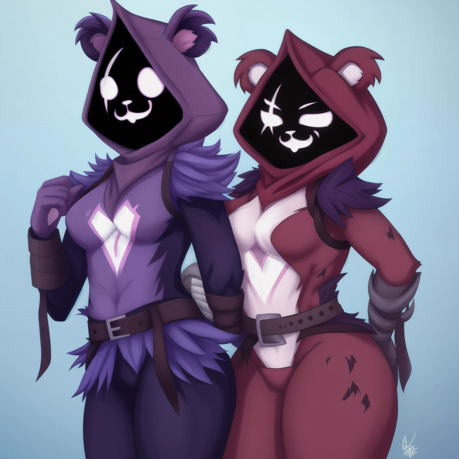 Raven Team Leader), 2girls, masterpiece, best quality, purple hood, faceless, shaded face, animal ears, dark skin, purple skin, scar on eye, (furry), (body fur:1.2), purple fur, belt, straps, Purple bikini, red bikini, smile, upper body, (michiru kagemori) standing next to the person with a smirk on her face with a blue tail (michiru kagemori) with multicolored eyes, simple background, duo, crossover