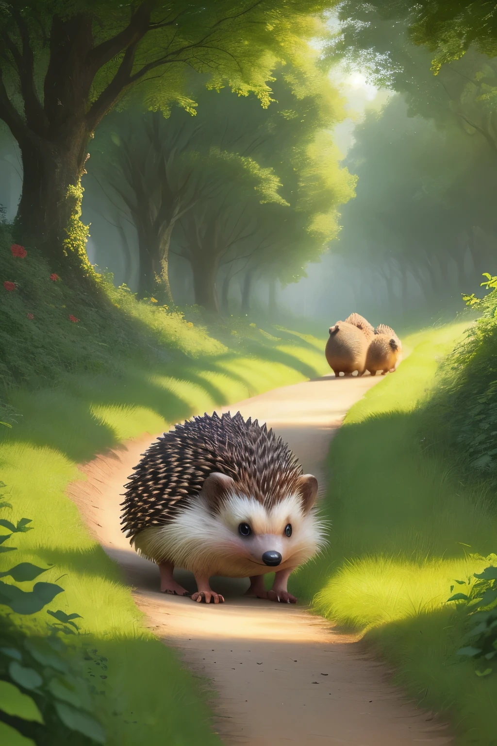 A delightful scene of hedgehog family members playfully rolling down a lush, verdant hill, their quills quivering with each delightful giggle they emit, leaving a trail of prickly amusement behind them.