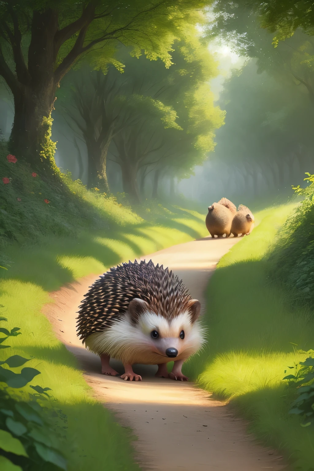 A delightful scene of hedgehog family members playfully rolling down a lush, verdant hill, their quills quivering with each delightful giggle they emit, leaving a trail of prickly amusement behind them.