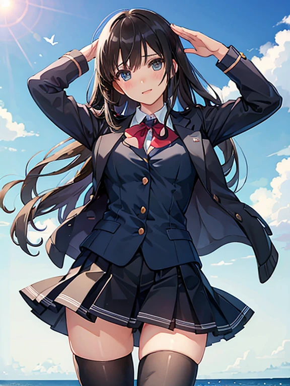 (((uniform))), mini skirt, have, Thighhighs, the skirt is fluttering in the wind,The wind is blowing her skirt wide. blush,between legs,blue sky, on the boat,Happy,in the heat,from below,Salute with your right hand