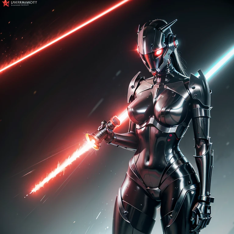 mechanical girl,　Shiny metallic skin,　Mechanical and metal body parts,Metallic cyber helmet with mechanical ears,Very large breasts，red glowing eyes, 　A devilish red and black metal body，[methodical, surgical precision],　Cyberpunk style background,science fiction art style,bright colors,High resolution,Super detailed,realistic lighting effects,Bokeh，Hold a red-bladed lightsaber,　In combat,　best shot