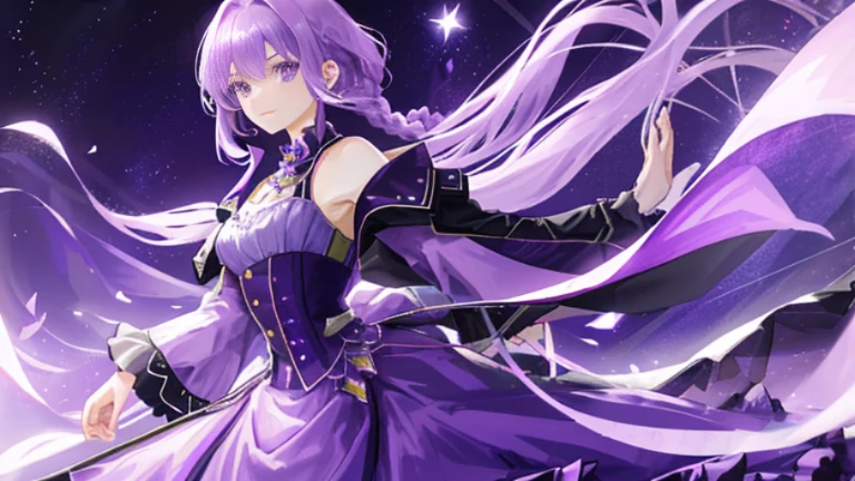 beutiful tall girl, light purple hair, hair braid, royal purple clothes with stars, 8k resolution, night moonlight