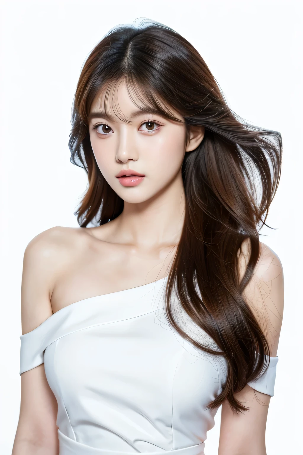 Arav long hair asian woman，wearing white dress, Larissa Manobar, jinyoung shin, Cute actress, Portrait of a female idol, beautiful woman, White background，solid color background，chinese woman