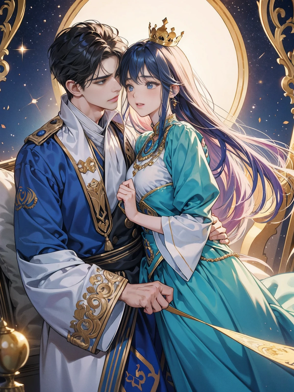 A heartwarming and lyrical scene depicts an intimate encounter between a man and a woman.。Happiness in love。tears of gratitude。steppe of central asia。Sparkling in the moonlight、By the swaying Ili。Creates a fantastic and romantic atmosphere。The couple is embracing each other in bliss。 The man is tall and has dark hair that frames his striking face.。The man is the crown prince of the Turkic nomadic empire.。The man is wearing an ultramarine outfit intricately embroidered with gold thread.。This is the costume that proves he is the Crown Prince.。The women are ordinary people of the oasis and wear Uighur traditional clothing.。The woman from Turpan in the Takmalakan Desert is delicate and .。Show off your radiant beauty with flowing, light-colored hair。 their pure love、Emphasis is placed on transcending class and culture.。 This magical moment captures the essence of their love。Evokes a sense of purity, sweetness and singleness。Persian miniature、Reminiscent of Gustave Moreau's style、delicate、beautiful、Exotic, luxurious and full of profound charm。