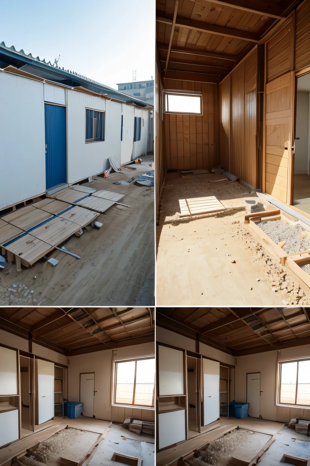 Temporary housing renovated on the construction site，exterior，close up，Shabby，panoramic，Separate rooms one by one，External close up，Temporary housing on construction site，Outside container house close up，reality，sony camera