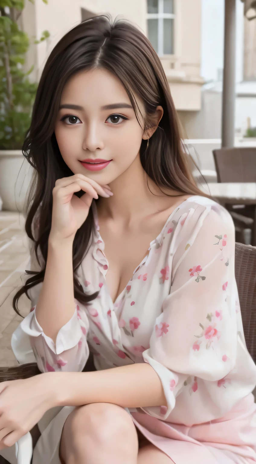 best quality, realistically, super detailed, High resolution, 8k wallpaper, 1 beautiful woman,Shiny skin、japanese girl、 Pink wet lips, floral blouse、white skirt, lock focus, perfect dynamic composition, beautiful eyes, delicate hair, Detailed realistically skin texture, smile, close up portrait, model body shape, On the open terrace of the cafe, (full body shot), He is sitting and leaning on his elbows, looking at me.、smiling happily、legs crossed、tea time、Cup and saucer、cake、beautiful feet、Shooting from a distance,