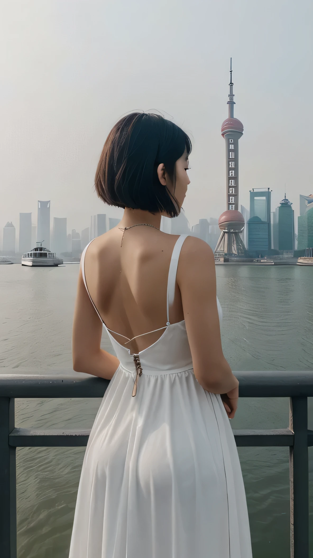 black and white photography,High-key photography,White fog,(Screen white:2),(Black screen:0.1),early morning,SkyWhite fog,Shanghai on the Bund,A woman in a long dress in white,back,Stand by the river,((Long dress in white:2)),short black hair,back view,back view。(Character proportions:0.5),No railings in the foreground,Looking up at the scenery on the other side,The TV tower on the other side is tall,There is a small boat on the river,vaguely visible,masterpiece,4k